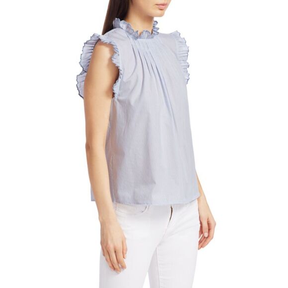 Frame Boho Ruffle Pleated Sleeveless Pinstripe Top Blue/White Sz M Retail $255 - Picture 3 of 14